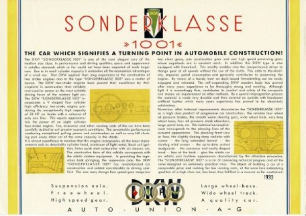 DKW Sonderklasse Modellprogramm 1933 Reuters Automobilprospekt (4635)